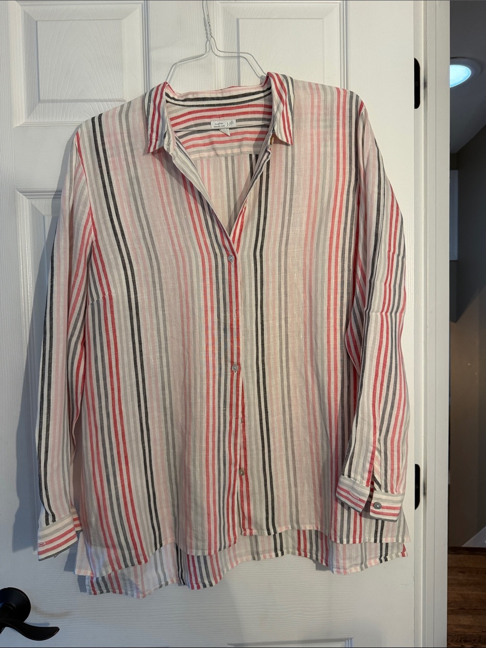 J. Jill Striped Button-Down Shirt in Pink, Black, Cream XL